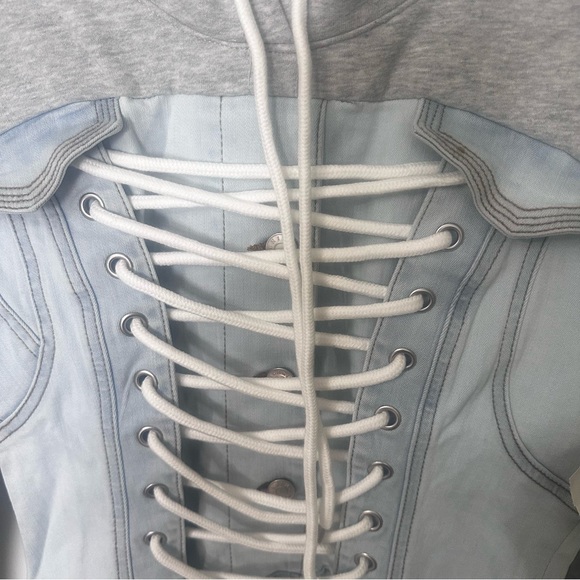 AKIRA THE LAST WORD LACE UP DENIM HOODIE MINI DRESS - Picture 6 of 13